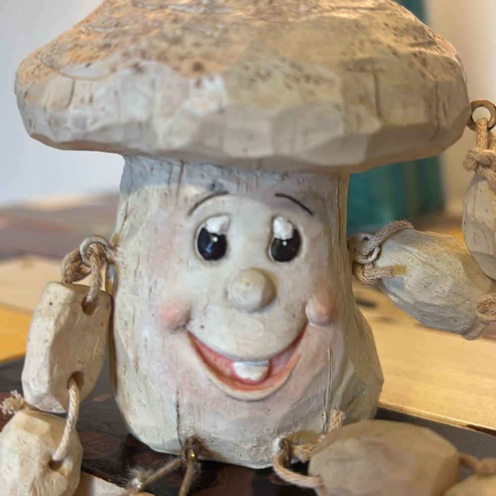 Vintage Folk Art Carved Wooden Mushroom Shelf Sitter Figurine Character